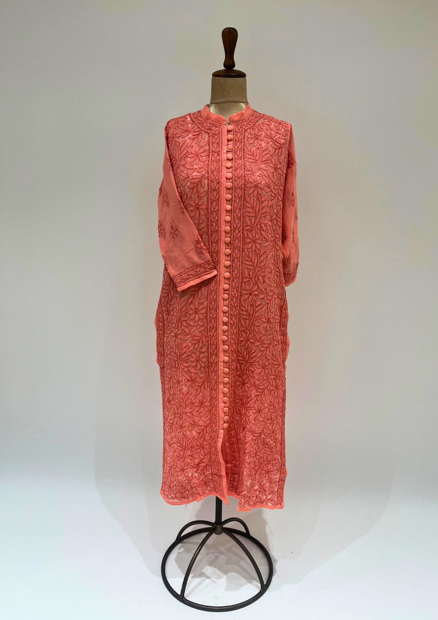 Georgette Chikankari Long Kurti - Coral Pink