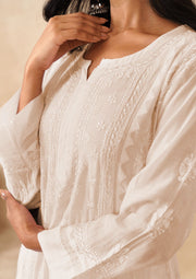 Muslin Chikankri Long Kurti - Light Cream