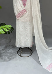 Mul Chanderi Chikankari Unstitch 2pc Suit - White & Pink