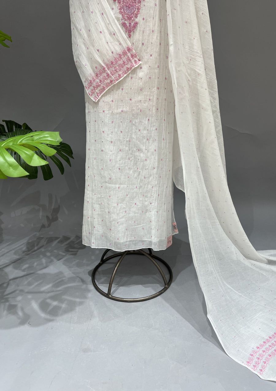 Mul Chanderi Chikankari Unstitch 2pc Suit - White & Pink