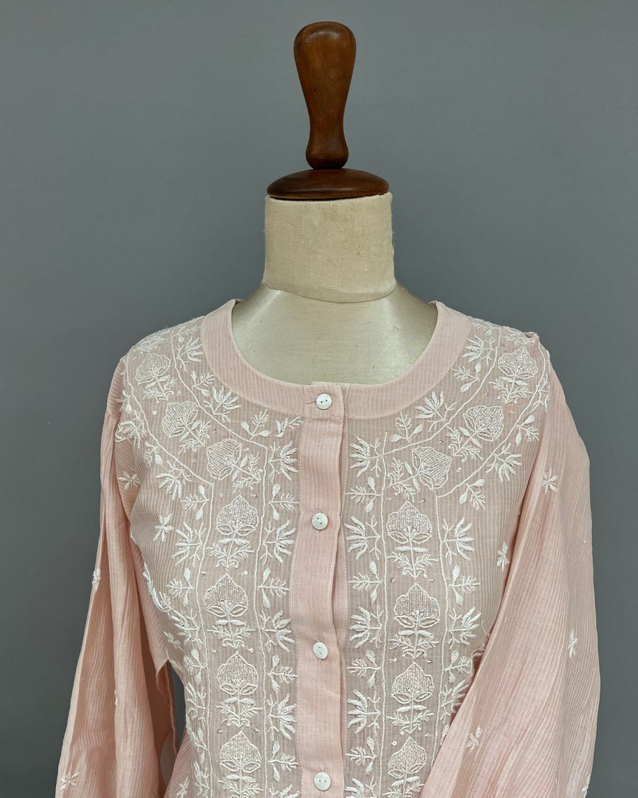 Maheshwari Chanderi Chikankari Co ord Set - Dusty Pink