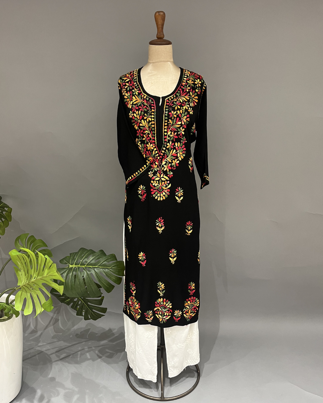 Rayon Chikankari Kurti - Black and Multicolour