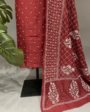 Mul Chanderi Chikankari Suit Set - Rust