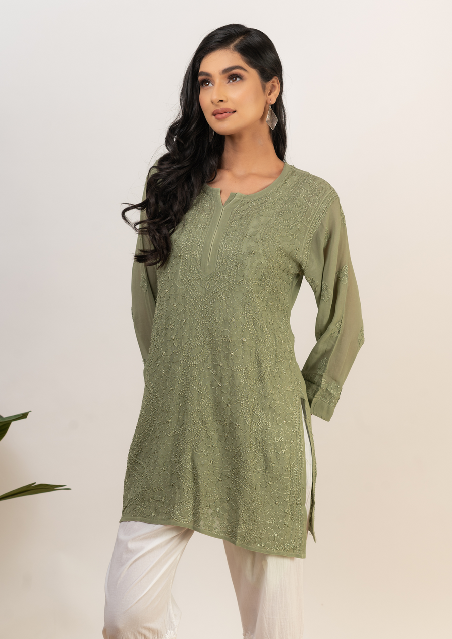 Georgette chikankari short kurta - olive green