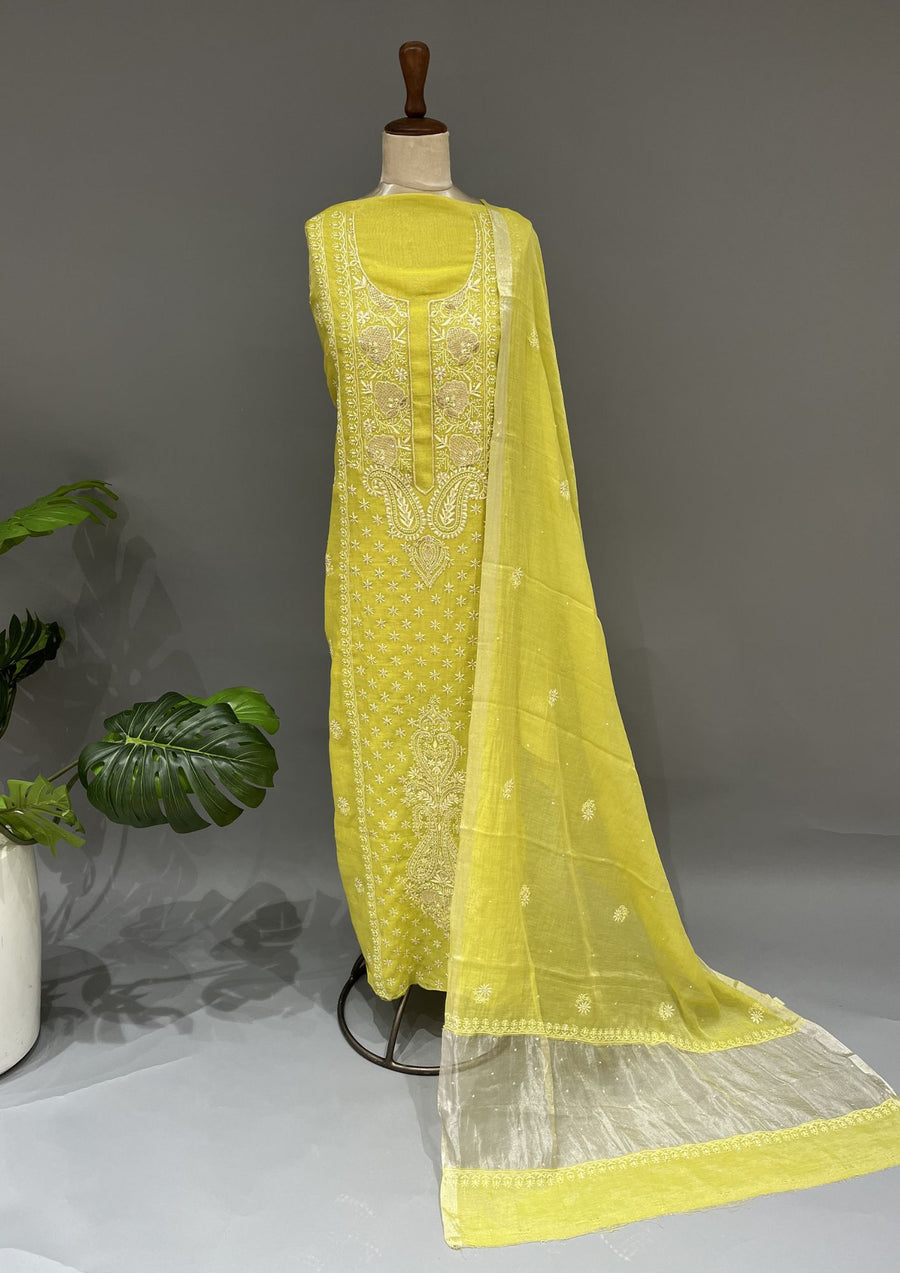 Tissue Chikankari Unstitch 2pc Suit - Neon Green