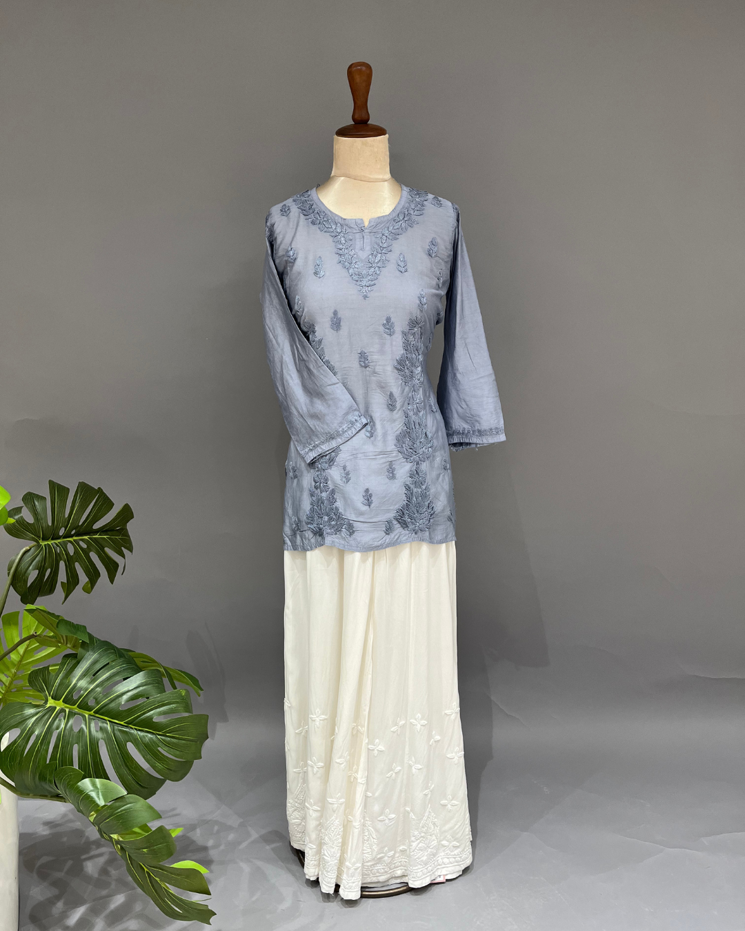 Chanderi Chikankari Short Kurti - Cerulean Blue