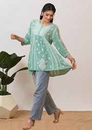 Modal Chikankari Short Kurti - Jade Green