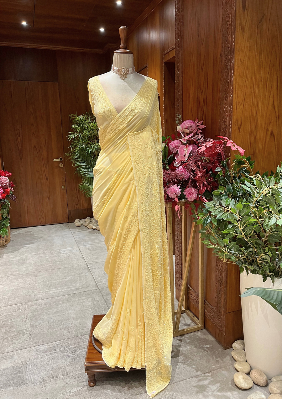 Chikankari Vescouse Saree - Sunshine Yellow