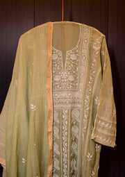 Women's Handcrafted Mul Chanderi Semi - Stitched Kurta And Dupatta Set - SC2414362