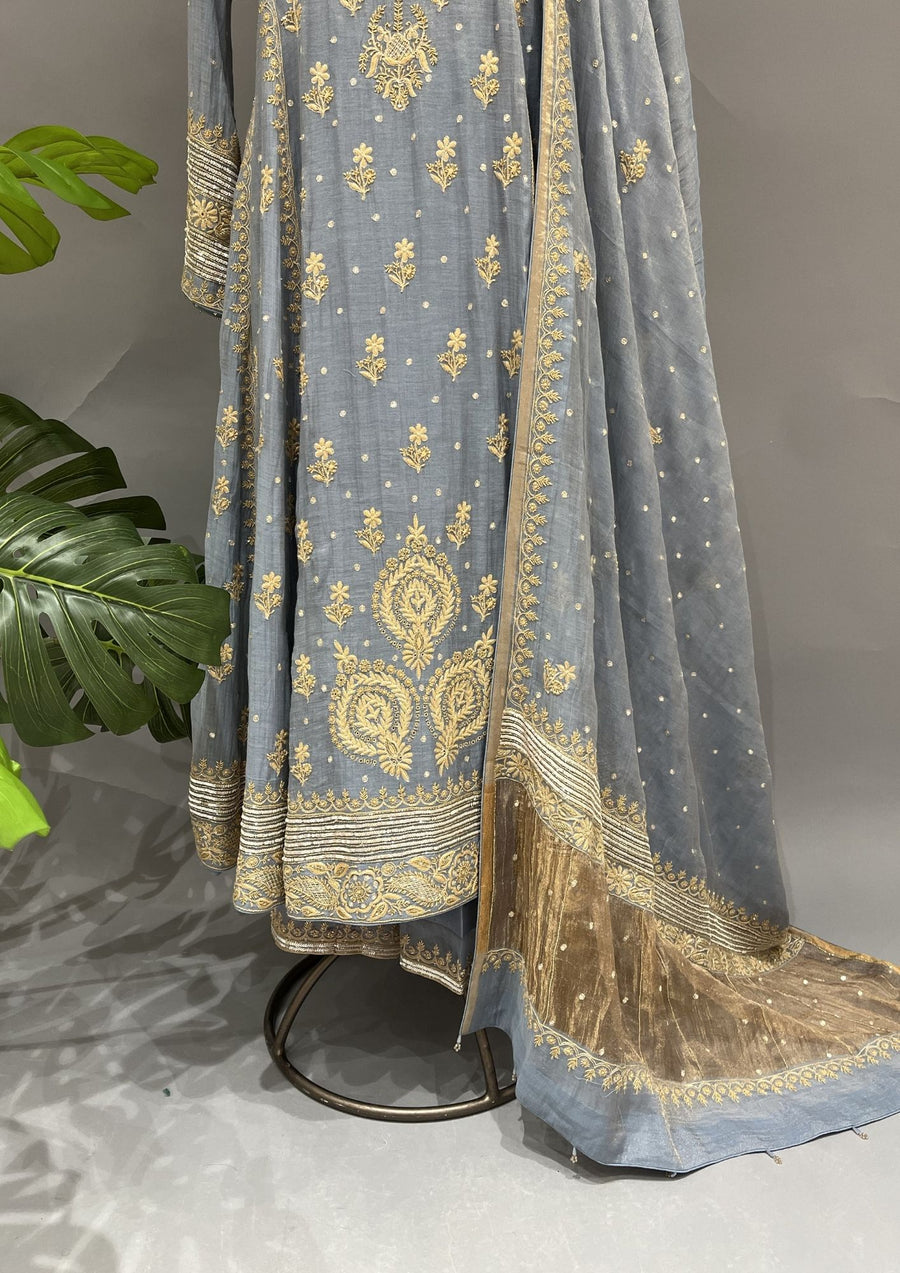 Tissue Chikankari Anarkali Set - Cornflower Blue
