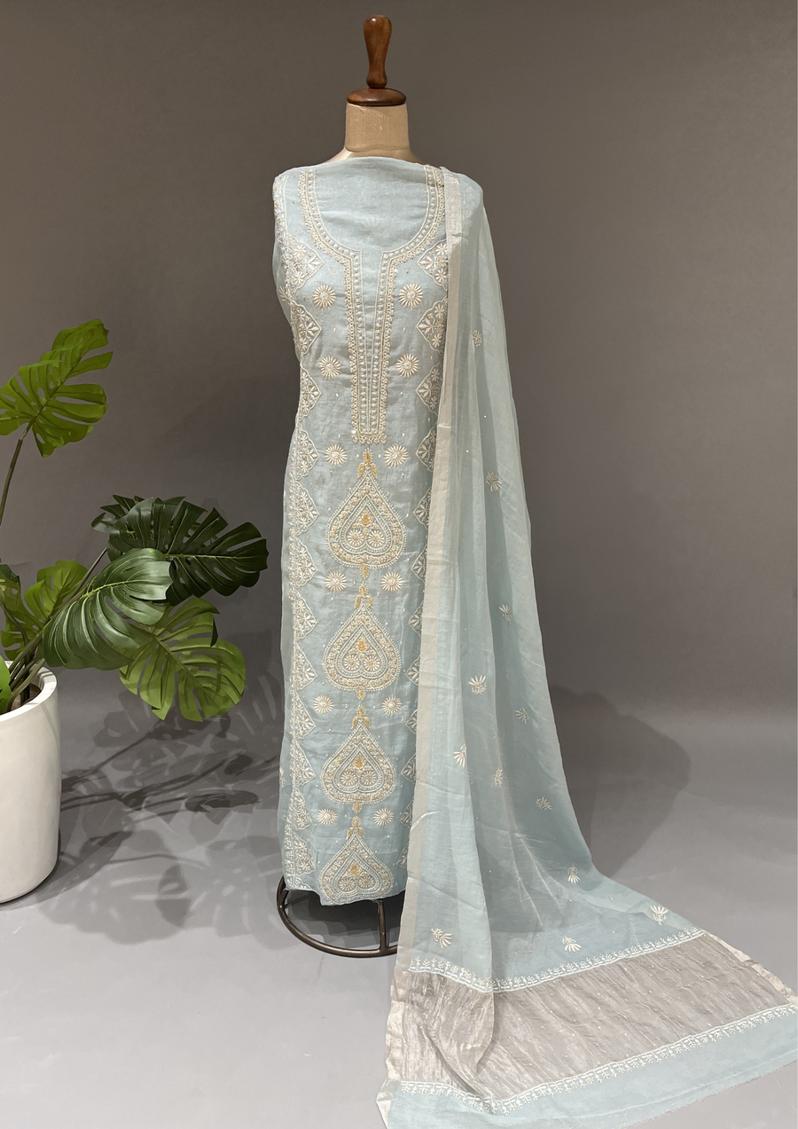 Chikankari Tissue Unstitched Kurta & Dupatta Set - Powder Blue