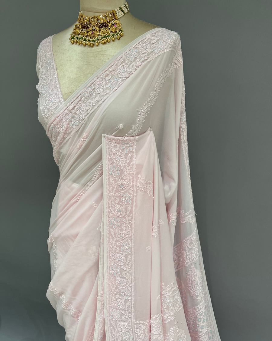 Viscose Chikankari Saree - Nude Pink