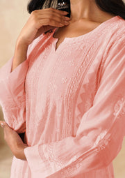Muslin Chikankri Long Kurti - Coral Pink