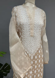 Organza Chikankari Semi Stitch Co-ord Set - Coffee Latte