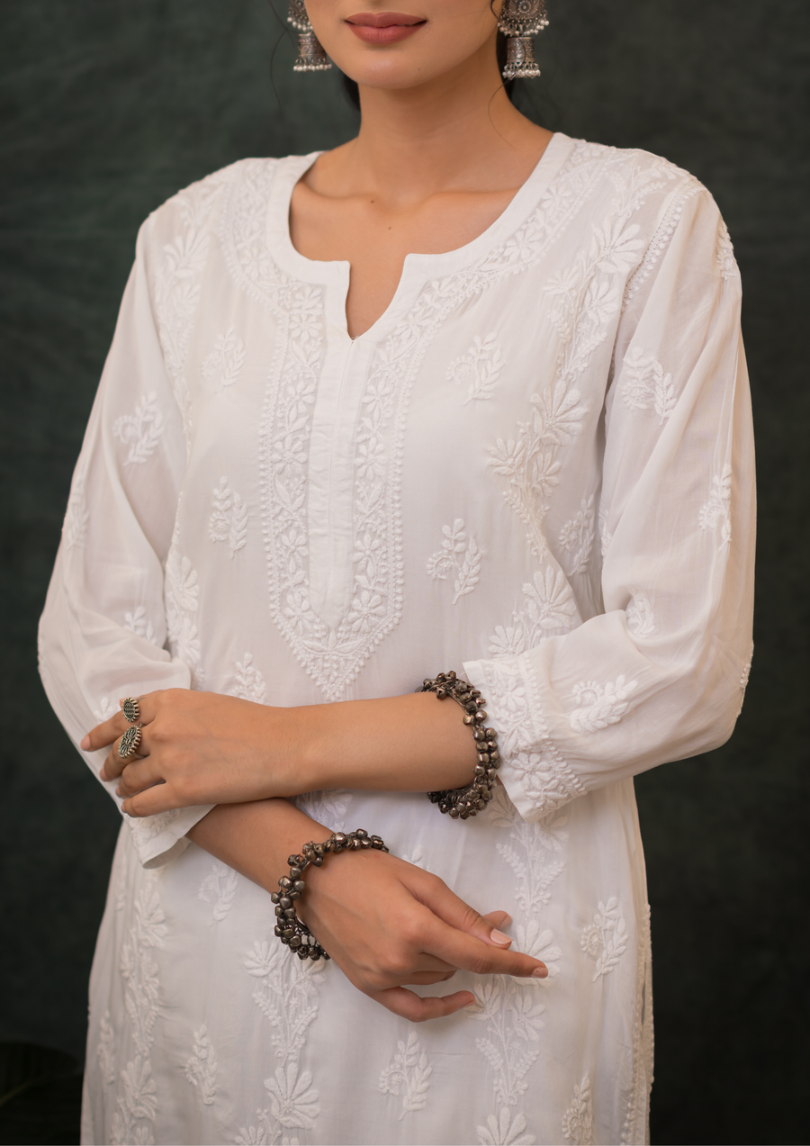 Modal Chikankari Long Kurti - Pure White