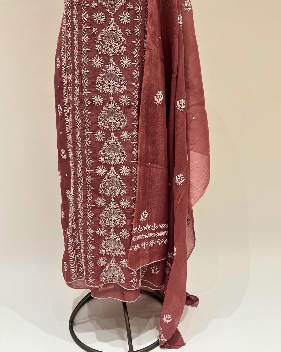 Mul Chikankari Unstitched 2pc Suit - Burnt Sienna
