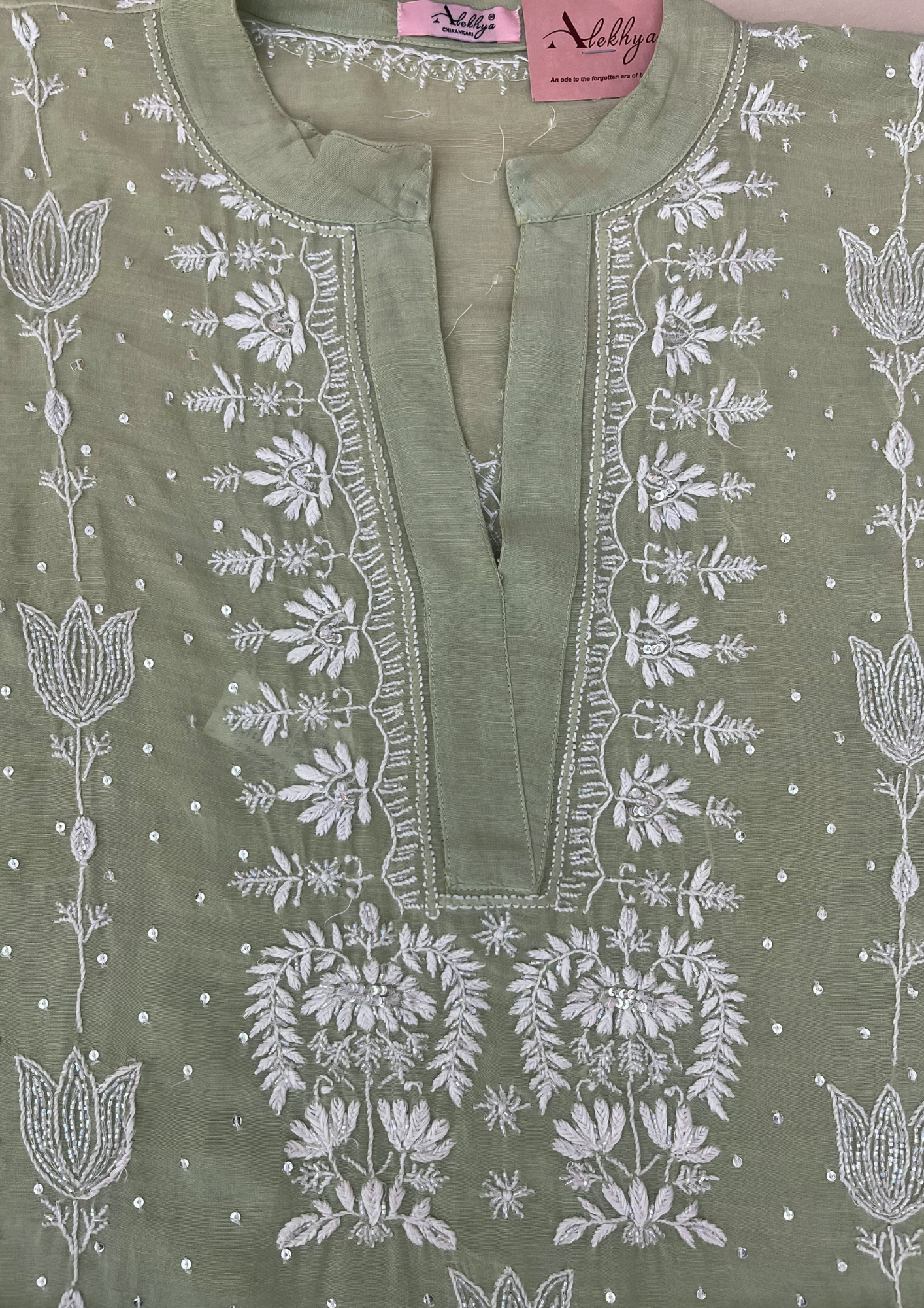 Chikankari Semistitched Mul Chanderi Co-ord Set - Sage Green
