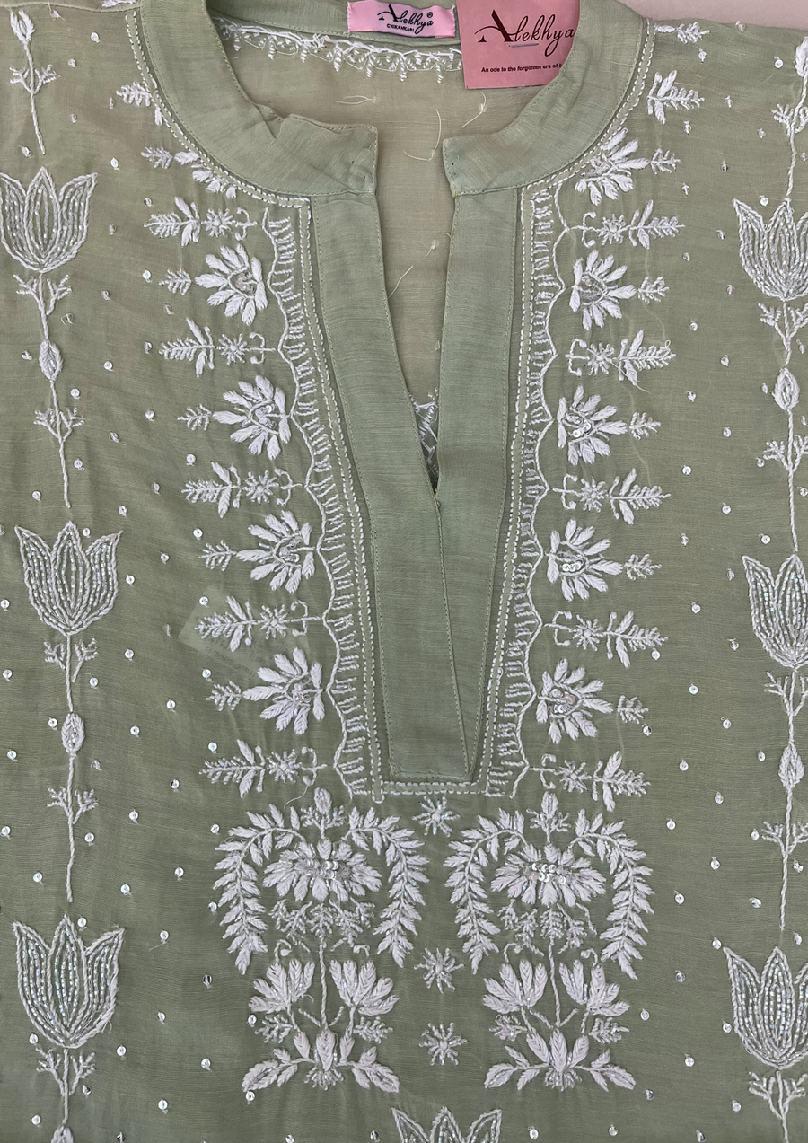 Chikankari Semistitched Mul Chanderi Co-ord Set - Sage Green