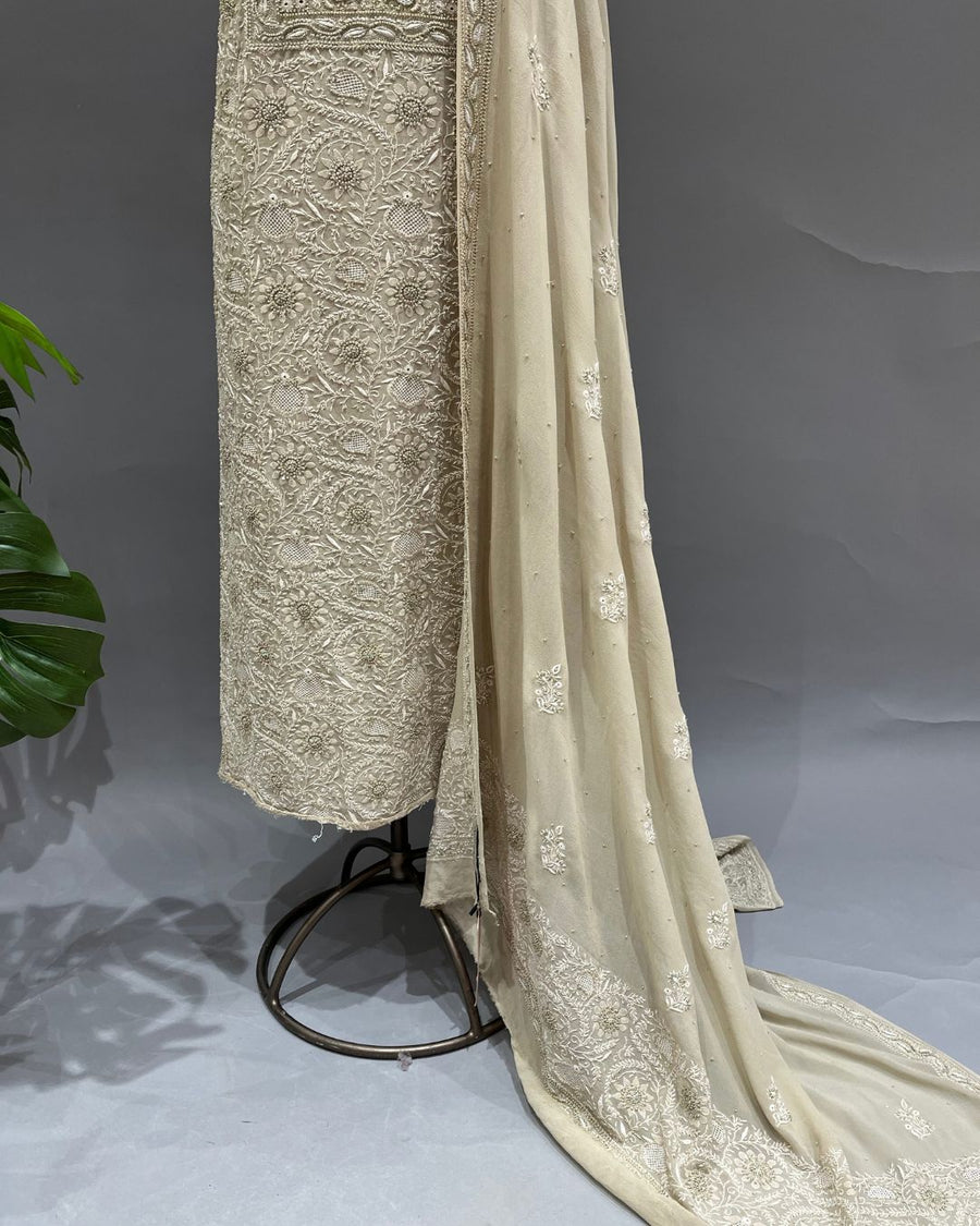 Pure Georgette Chikankari Unstitched 2pc Suit - Soft Beige