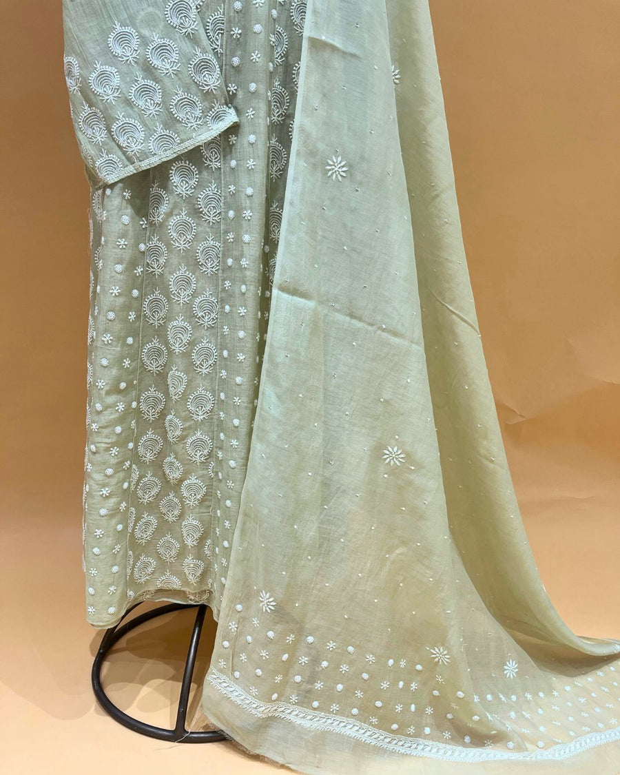 Mul Chikankari Unstitched Anarkali - Sage Green