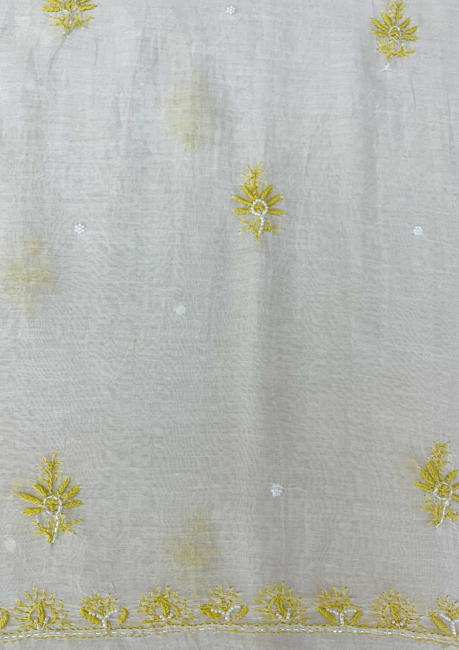 Chikankari Mul Chanderi Unstitched Suit - White and Yellow