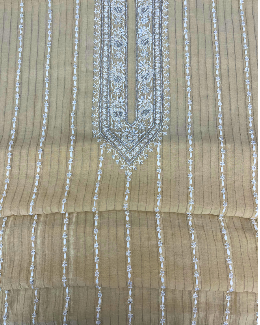Mul Chanderi Chikankari Unstitched Mens Kurta - Beige
