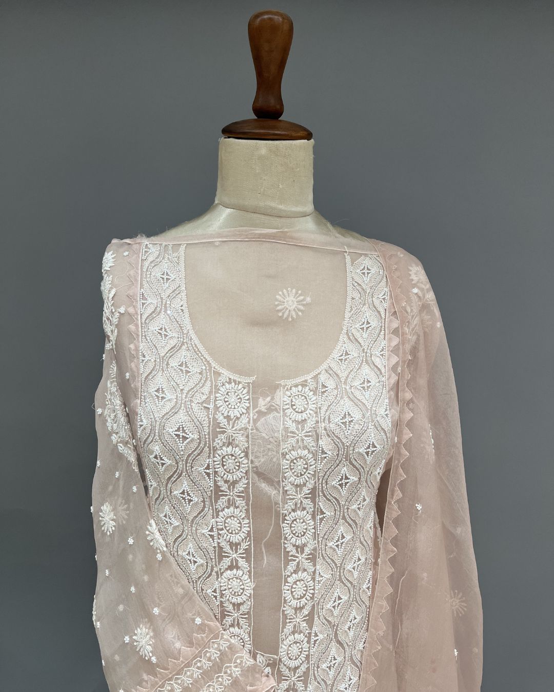 Organza Chikankari Unstitch 2pc Suit - Nude Pink