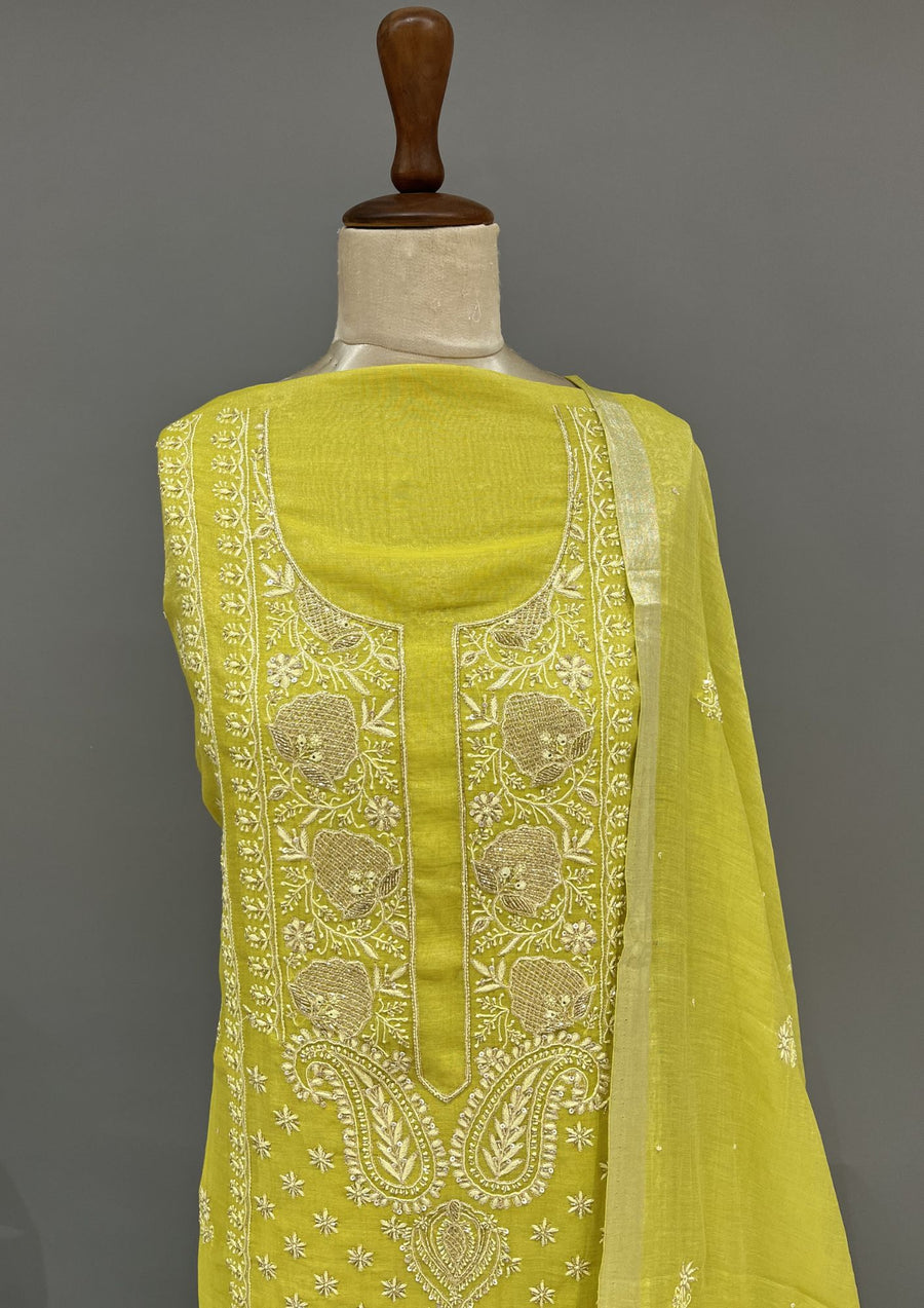 Tissue Chikankari Unstitch 2pc Suit - Neon Green