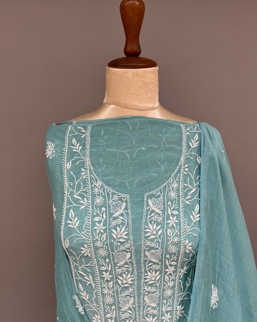 Mul Chanderi Chikankari Unstitched 2pc Suit - Pacific Blue