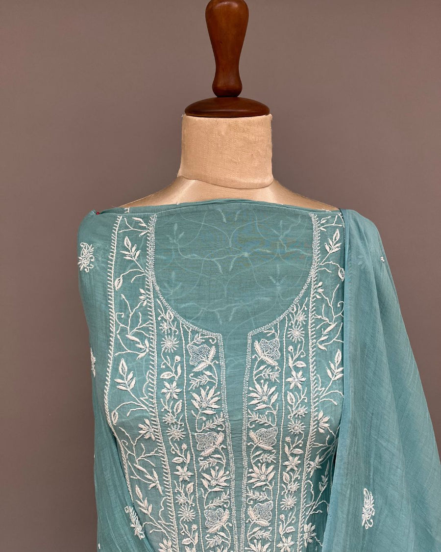 Mul Chanderi Chikankari Unstitched 2pc Suit - Pacific Blue
