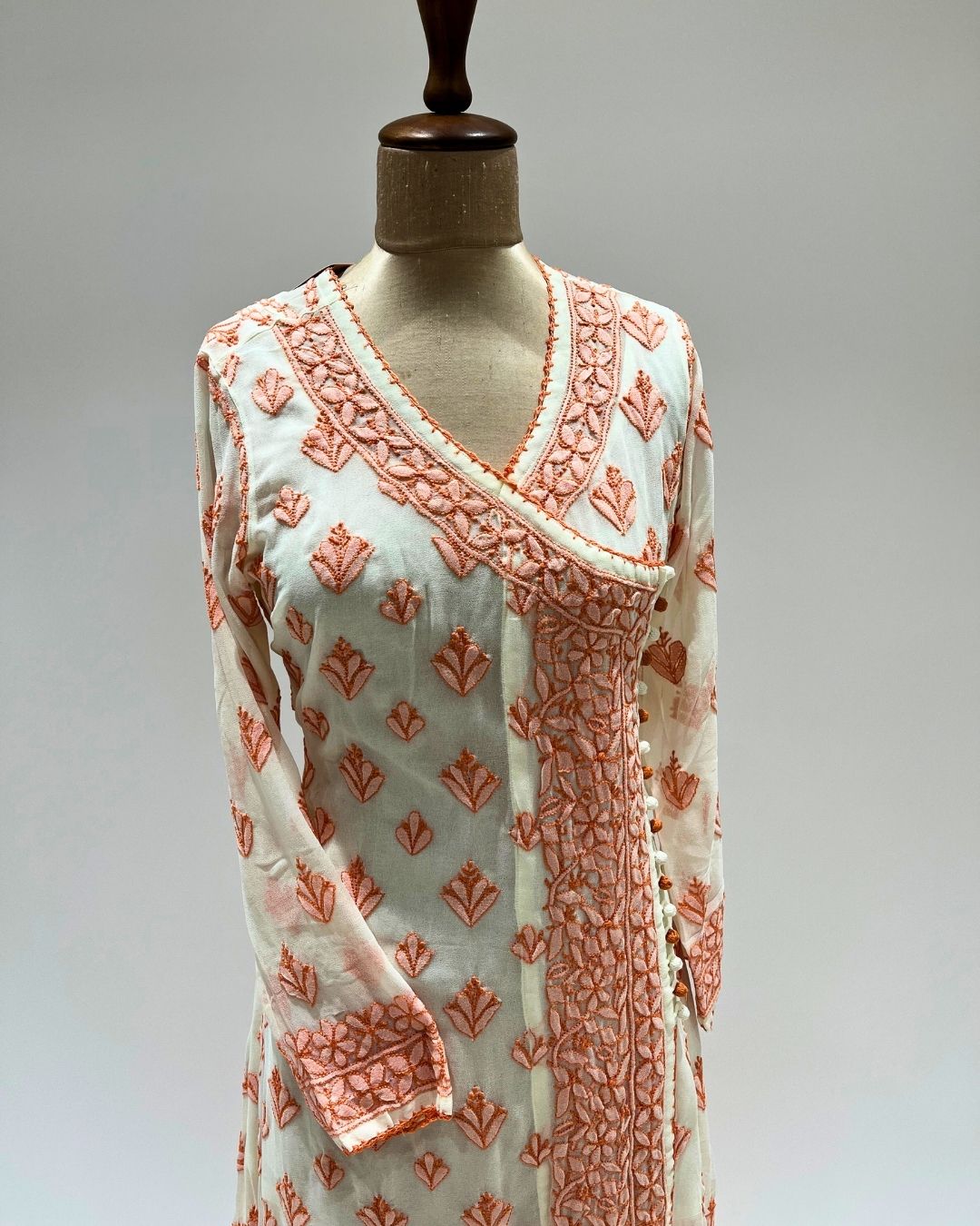 Georgette Anarkali Chikankari Kurta - White & Orange