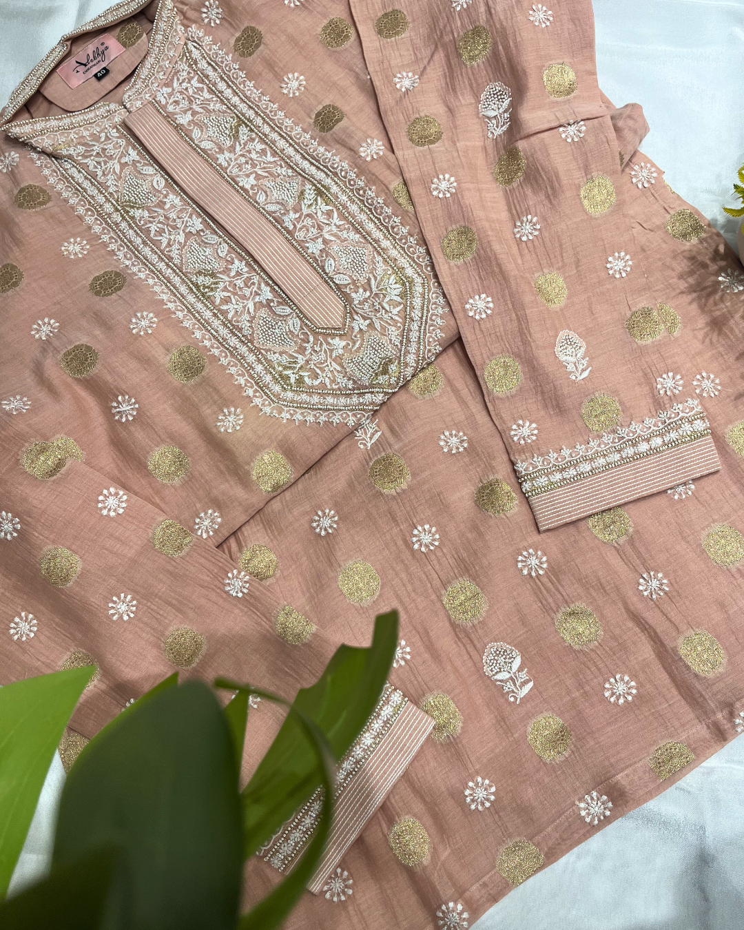 Chanderi Banarsi Chikankari Men's Kurta - Rose Gold