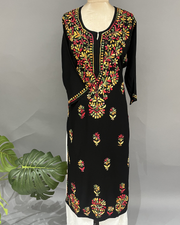 Rayon Chikankari Kurti - Black and Multicolour
