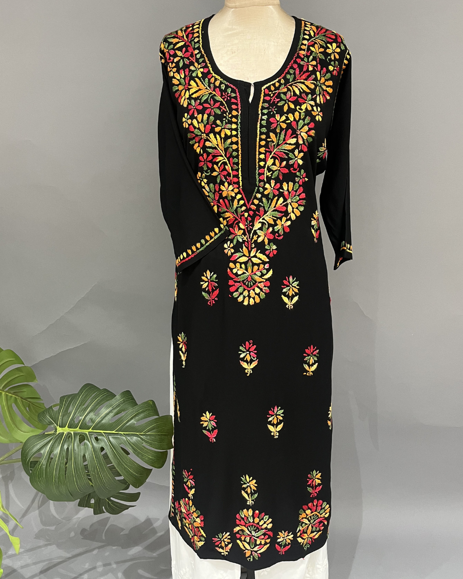 Rayon Chikankari Kurti - Black and Multicolour