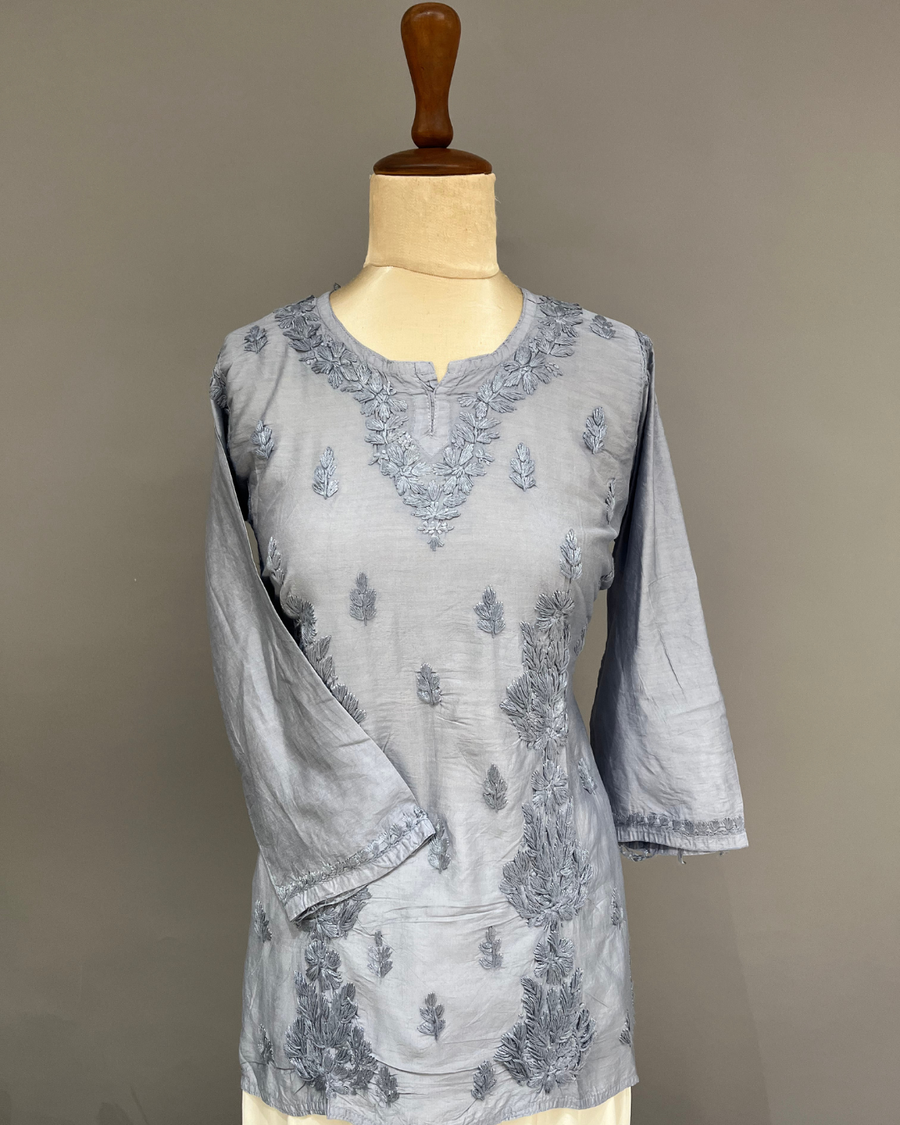 Chanderi Chikankari Short Kurti - Cerulean Blue