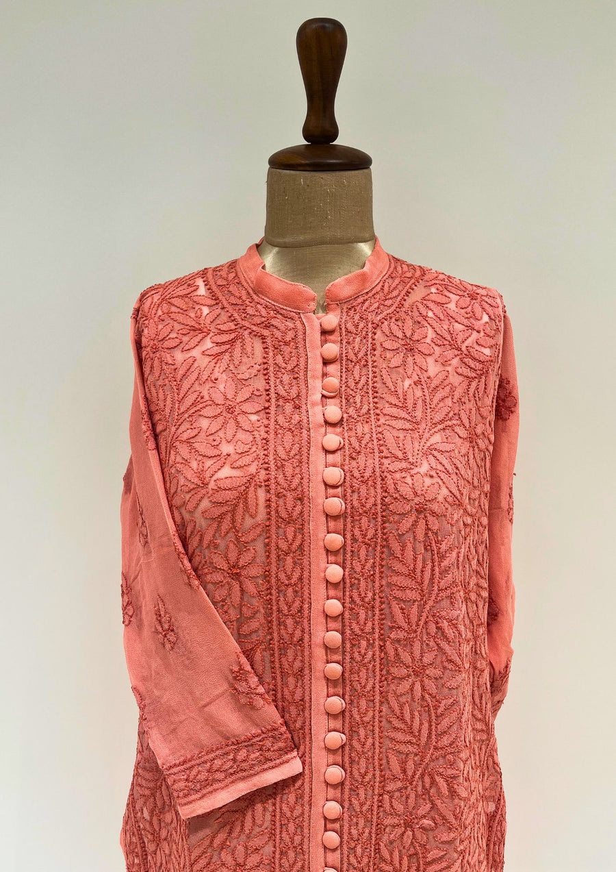 Georgette Chikankari Long Kurti - Coral Pink