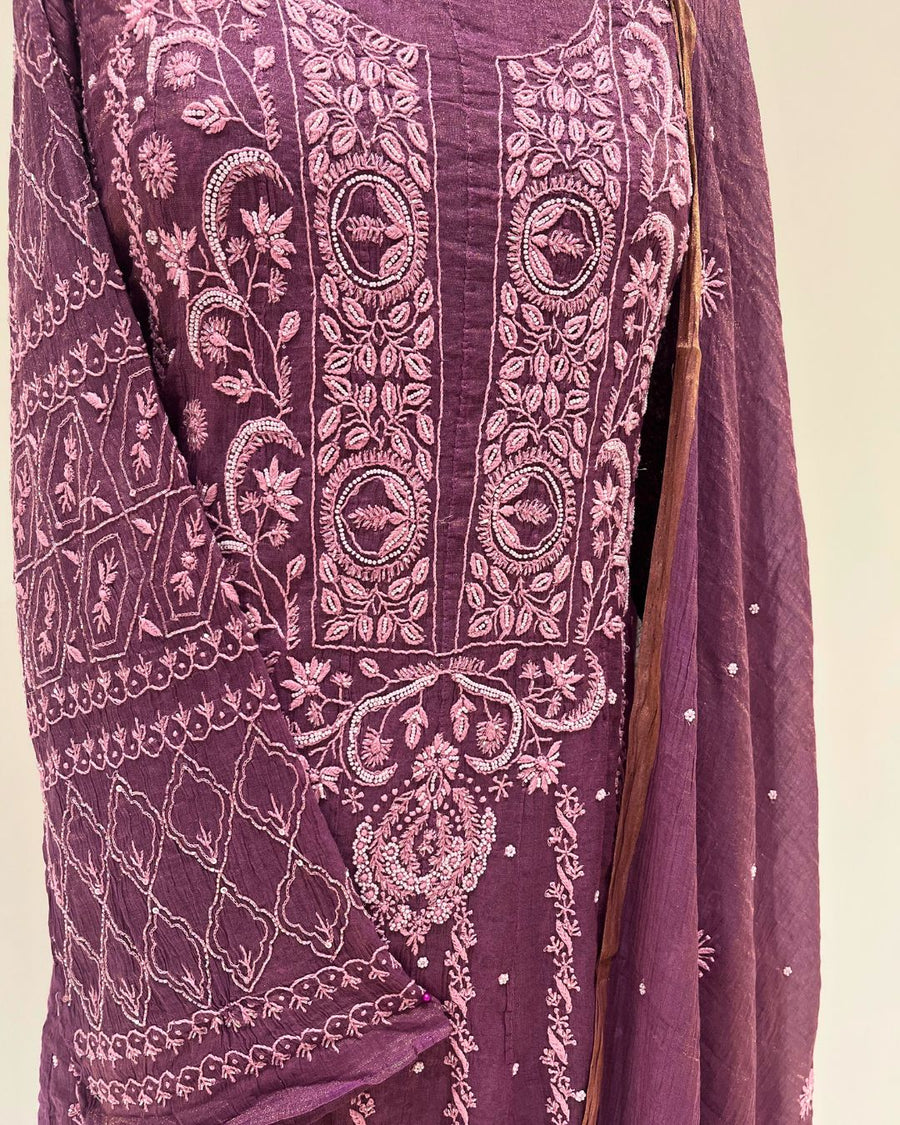 Tissue Chikankari Unstitched Anarkali - Plum Wine