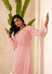 Muslin Chikankri Long Kurti - Coral Pink