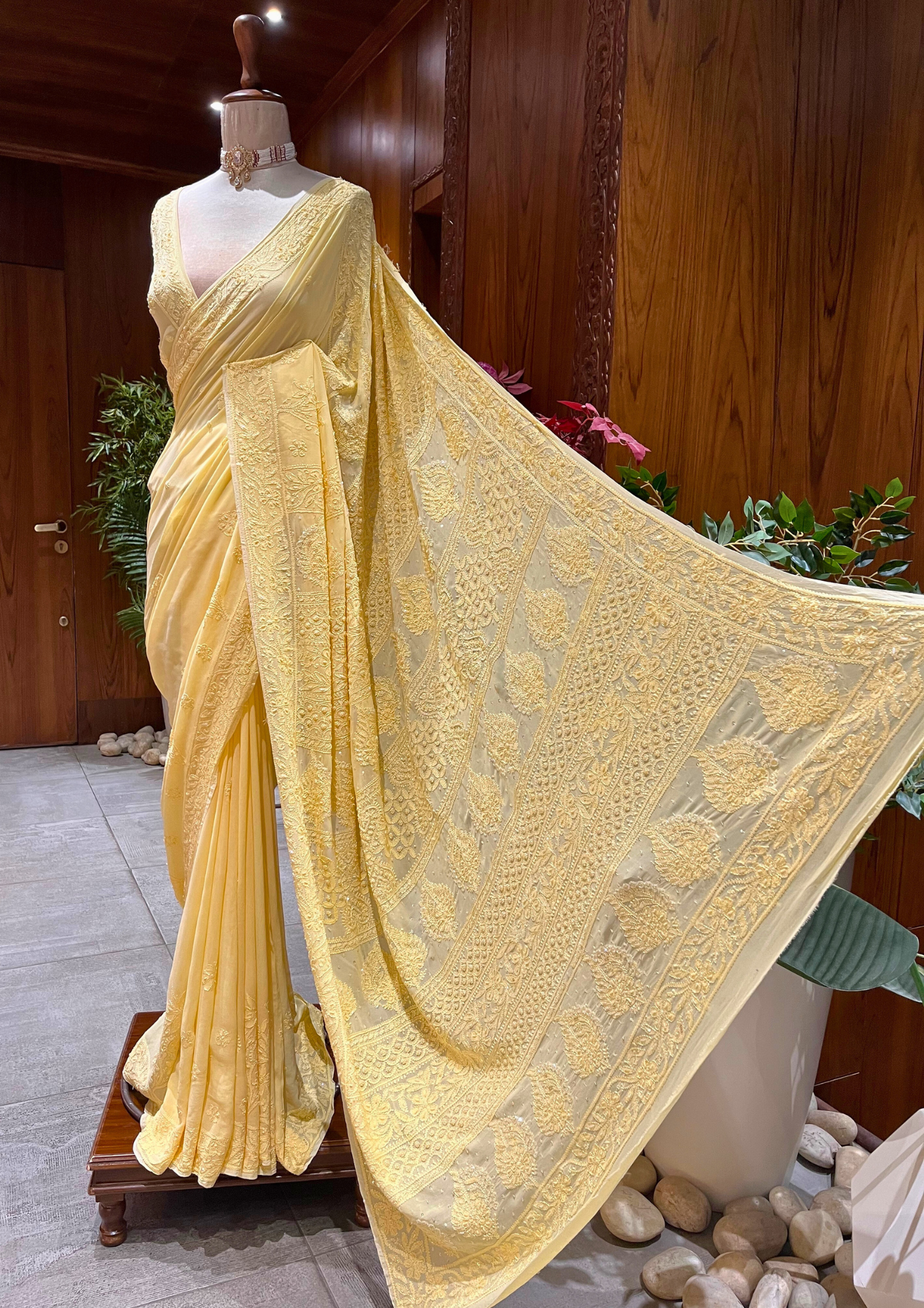 Chikankari Vescouse Saree - Sunshine Yellow