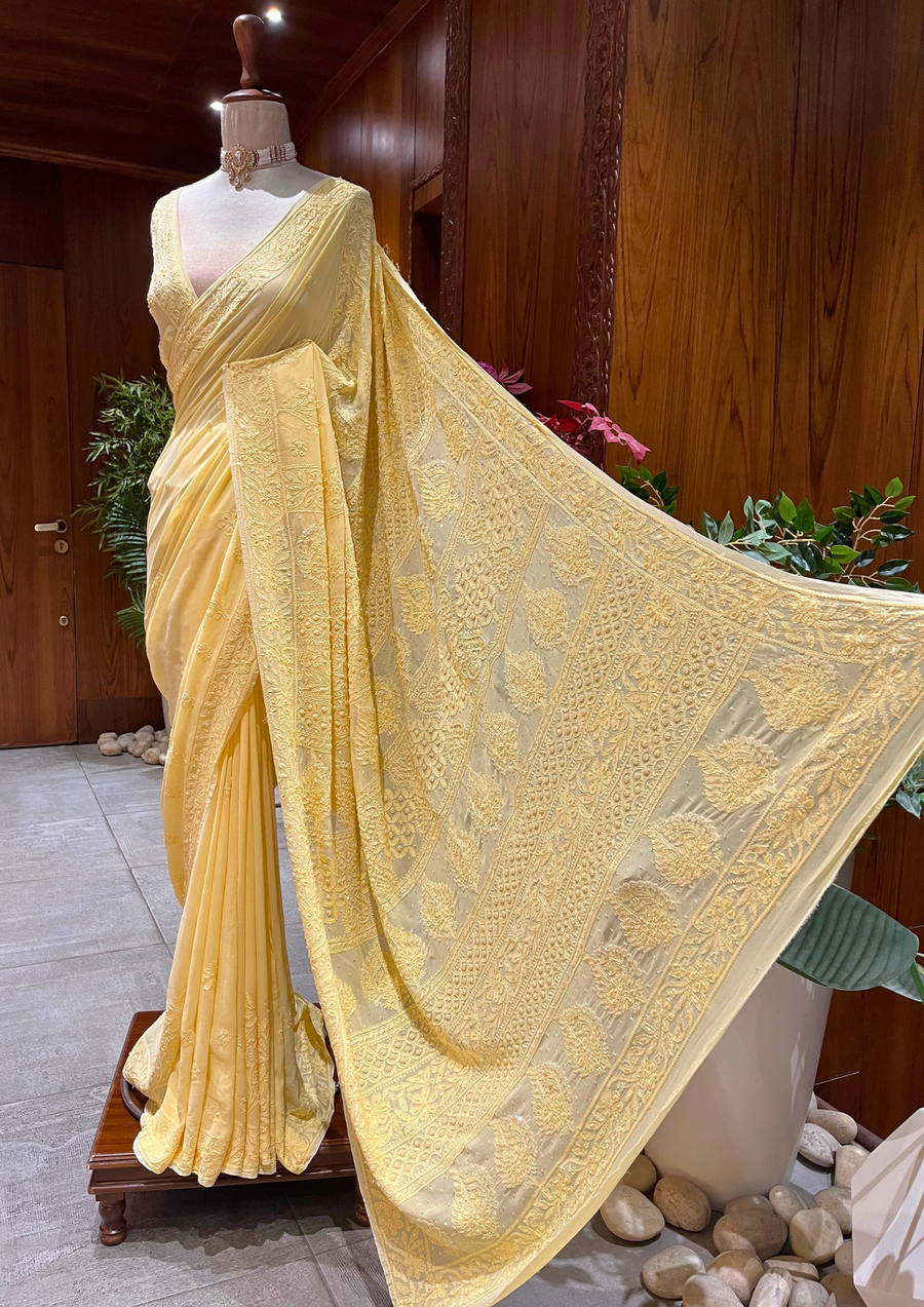 Chikankari Vescouse Saree - Sunshine Yellow