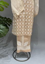Organza Chikankari Semi Stitch Co-ord Set - Coffee Latte