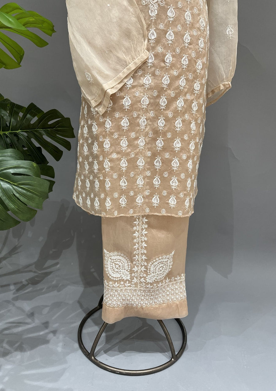 Organza Chikankari Semi Stitch Co-ord Set - Coffee Latte