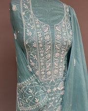 Mul Chanderi Chikankari Unstitched 2pc Suit - Pacific Blue