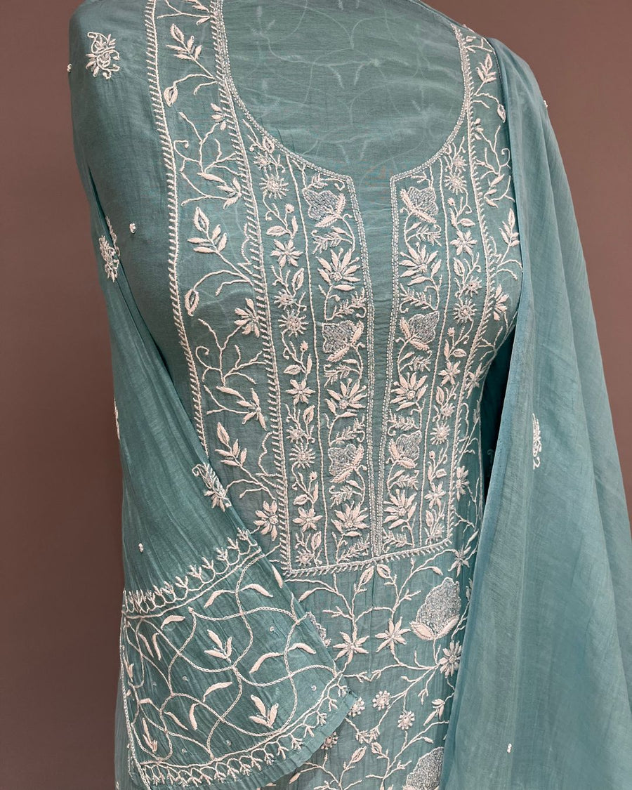 Mul Chanderi Chikankari Unstitched 2pc Suit - Pacific Blue