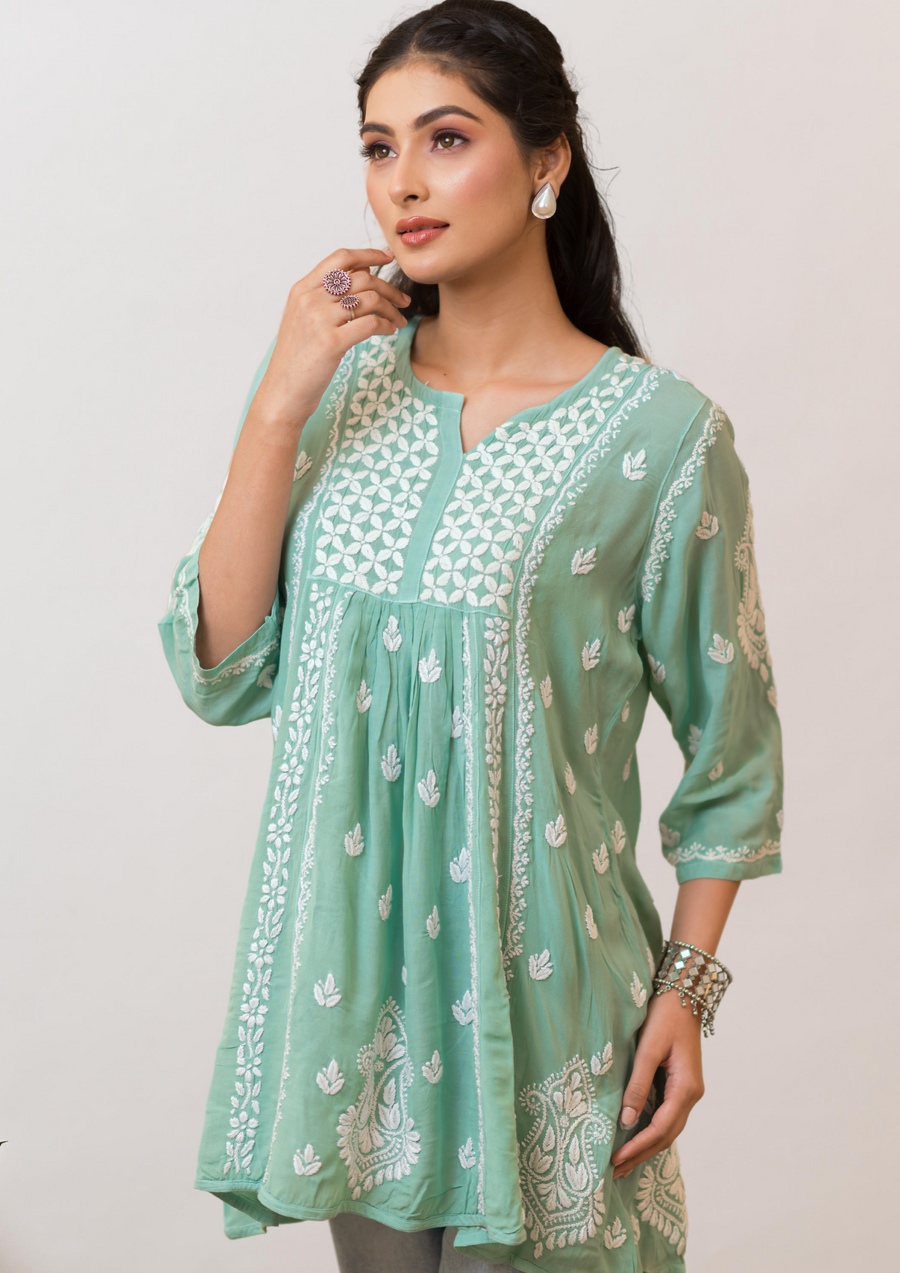 Modal Chikankari Short Kurti - Jade Green