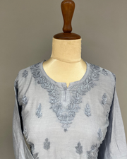 Chanderi Chikankari Short Kurti - Cerulean Blue