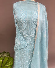 Tissue Chikankari Unstitch 2pc Suit - Capri Blue