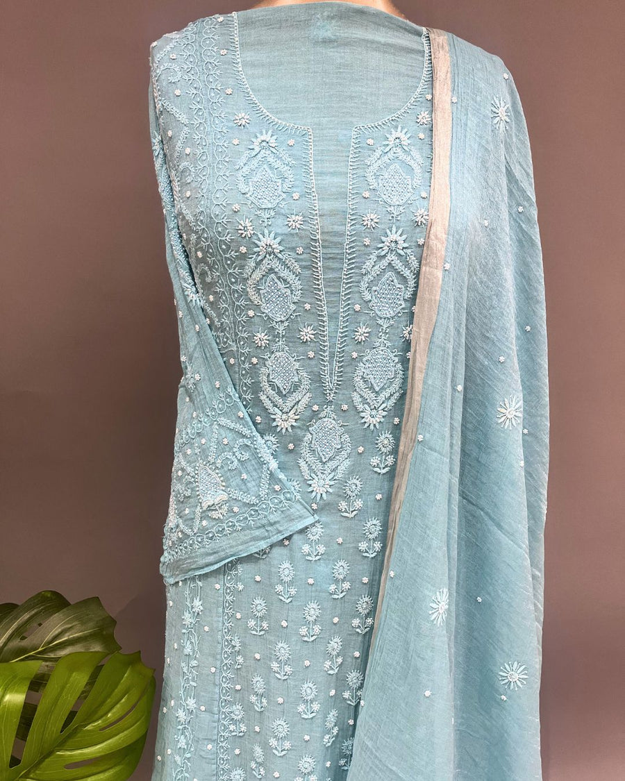 Tissue Chikankari Unstitch 2pc Suit - Capri Blue