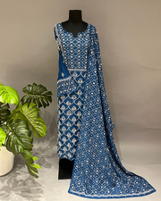 Mul Chanderi Chikankari Suit Set - Midnight Blue