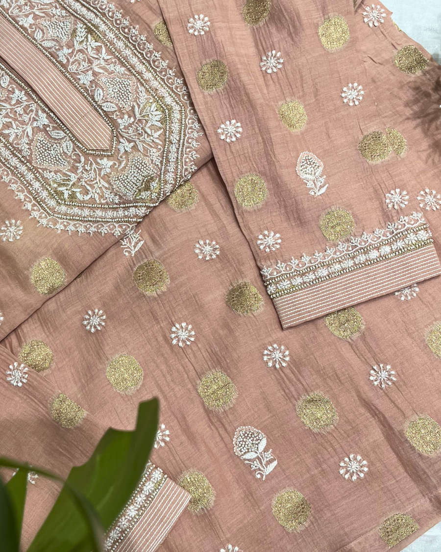 Chanderi Banarsi Chikankari Men's Kurta - Rose Gold